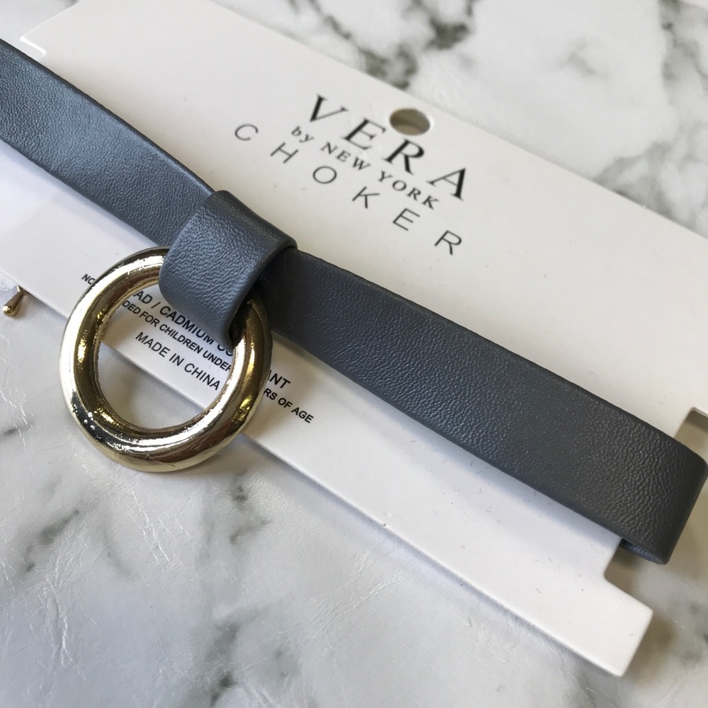 Grey Gold Hoop Medallion Leather Choker Necklace